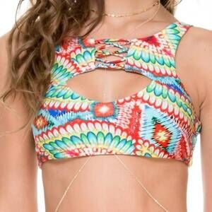 NEW LULI FAMA wild heart criss cross reversible cut out bikini top in multi